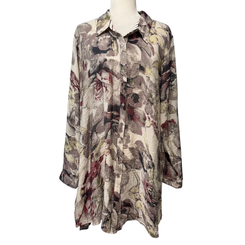 Soft Surroundings Tunic Shift Dress Women 2X Floral Crinkle Button Front Boho